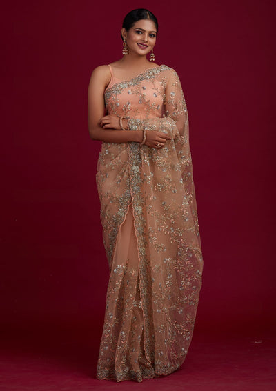 Peach Zariwork Net Designer Saree - Koskii