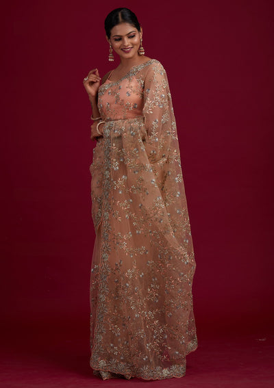 Peach Zariwork Net Designer Saree - Koskii