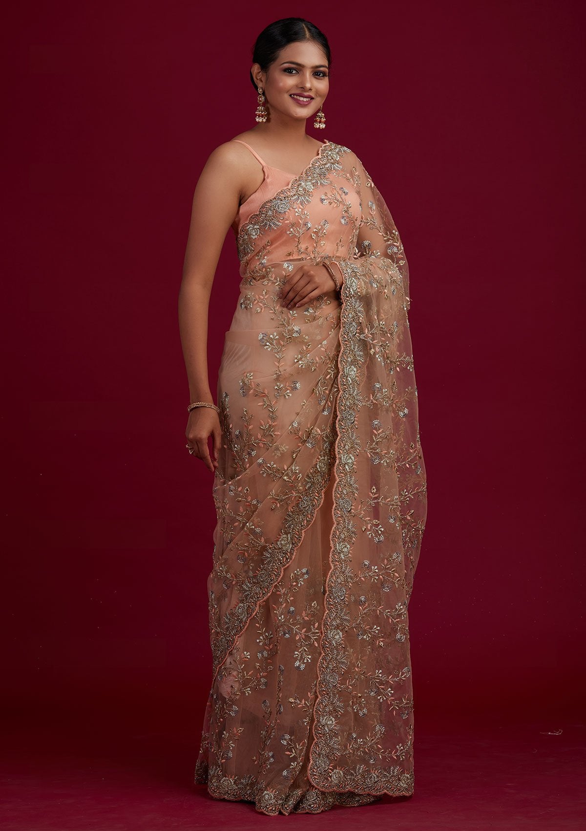 Peach Zariwork Net Designer Saree - Koskii