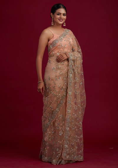 Peach Zariwork Net Designer Saree - Koskii