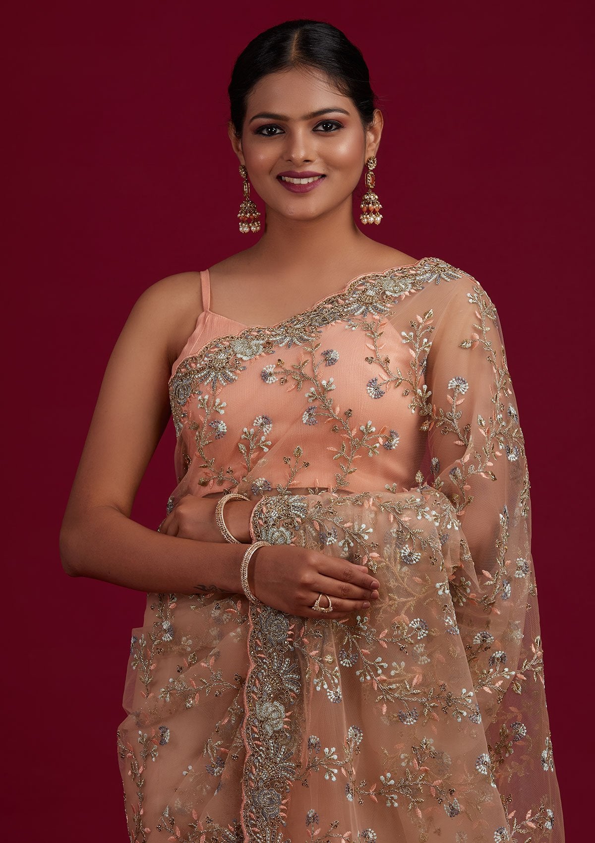 Peach Zariwork Net Designer Saree - Koskii