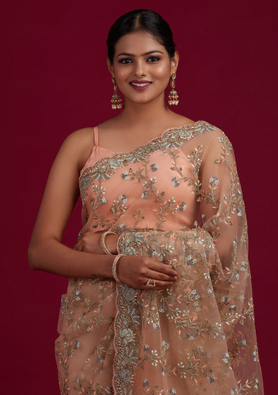 Peach Zariwork Net Designer Saree - Koskii