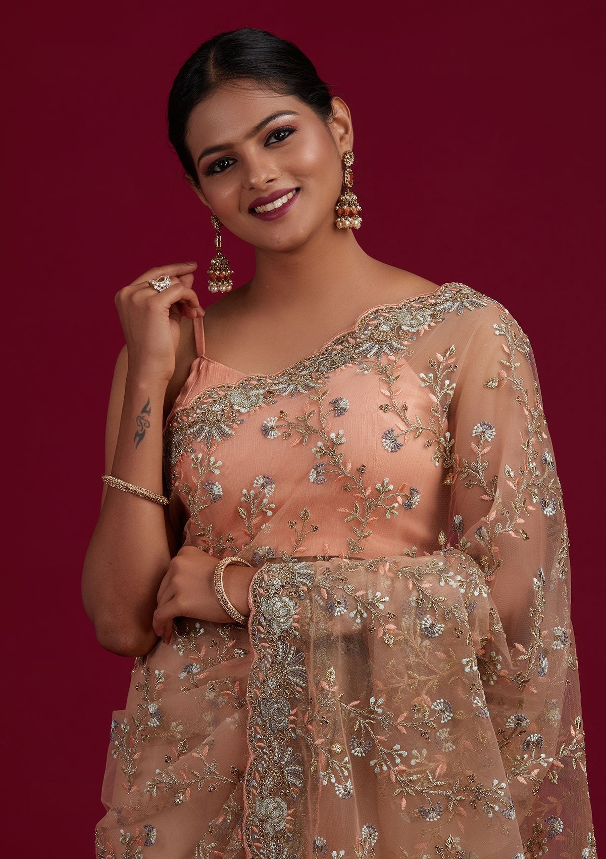 Peach Zariwork Net Designer Saree - Koskii