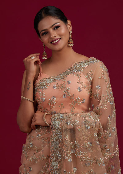 Peach Zariwork Net Designer Saree - Koskii