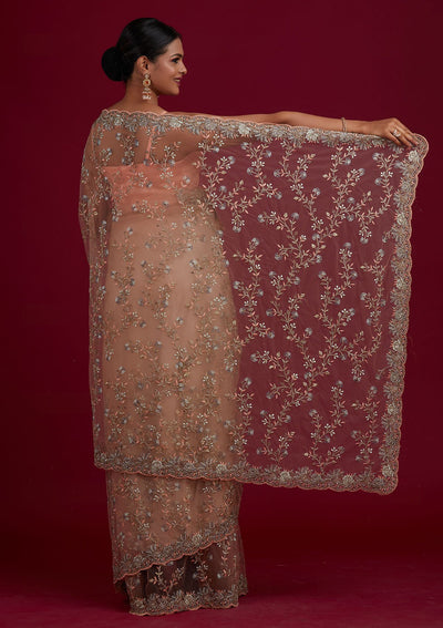 Peach Zariwork Net Designer Saree - Koskii
