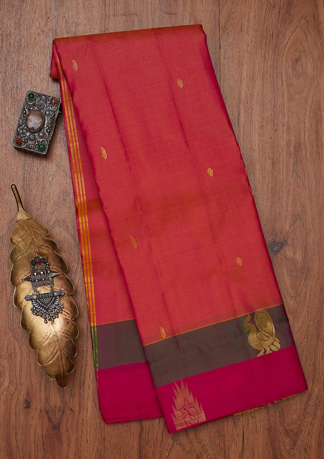 Peach Zariwork Pure Silk Designer Unstitched Saree - Koskii
