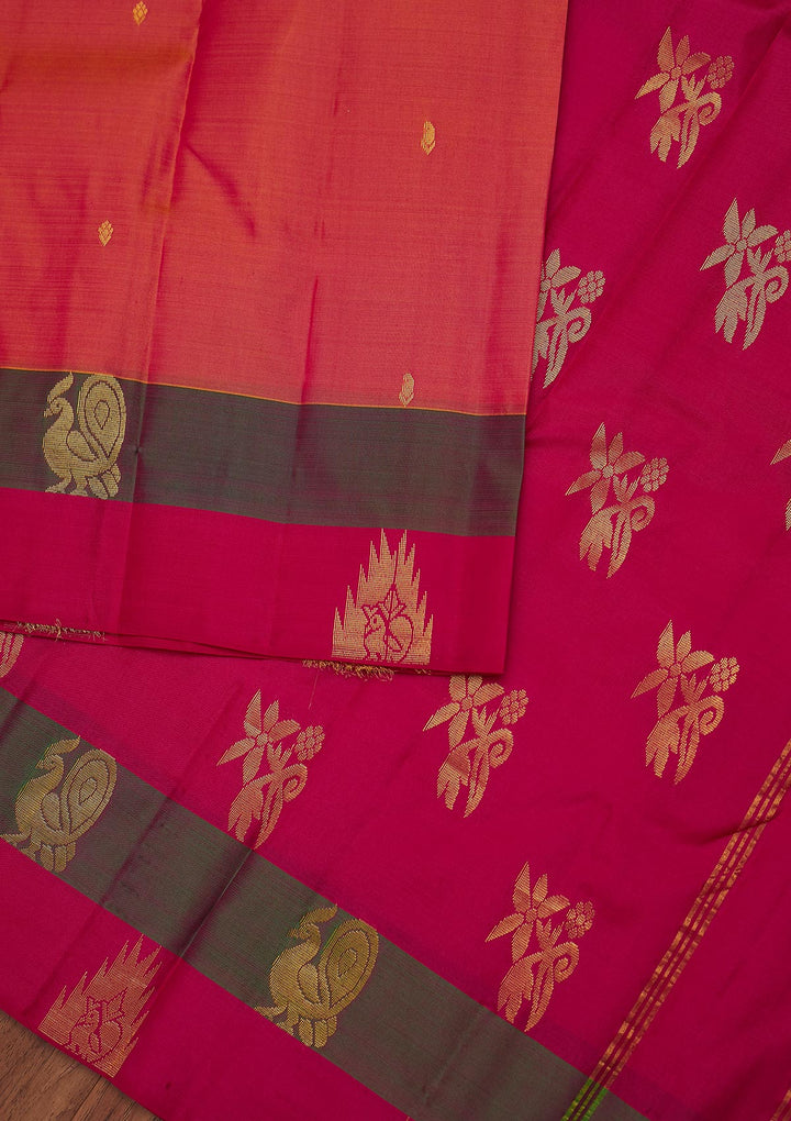 Peach Zariwork Pure Silk Designer Unstitched Saree - Koskii