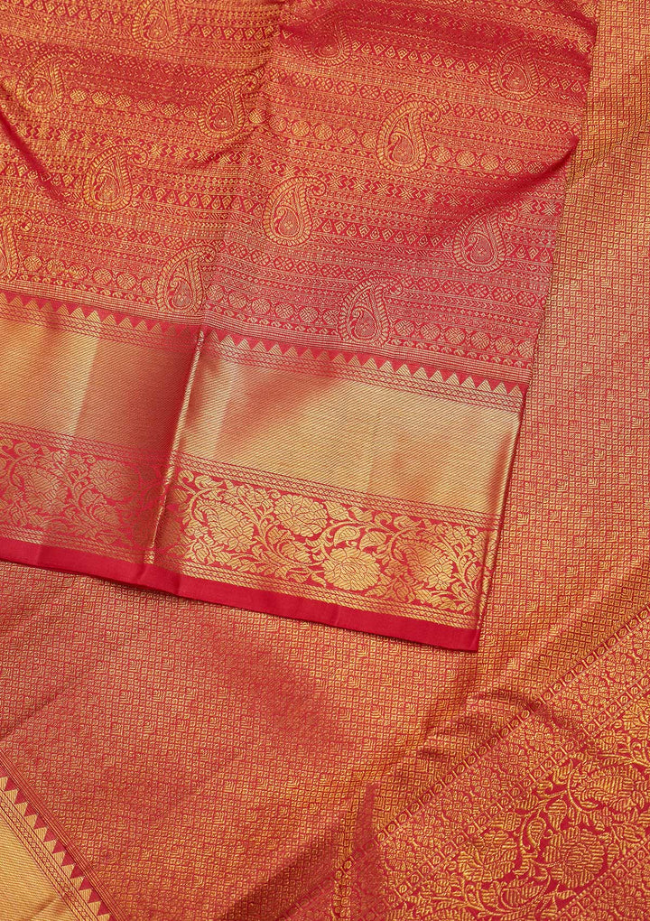 Peach Zariwork Pure Silk Designer Unstitched Saree - Koskii
