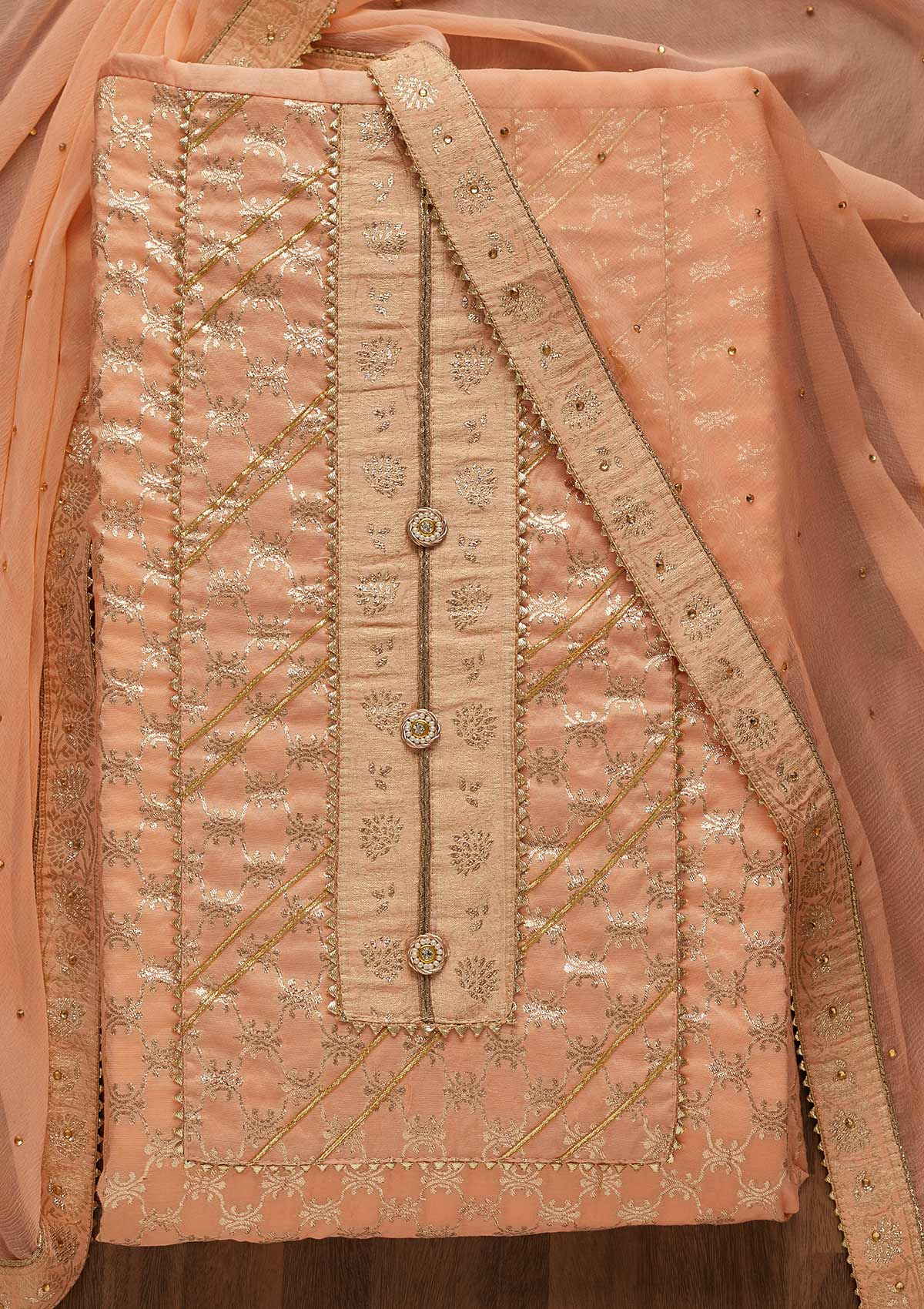 Peach Zariwork Raw Silk Unstitched Salwar Suit-Koskii