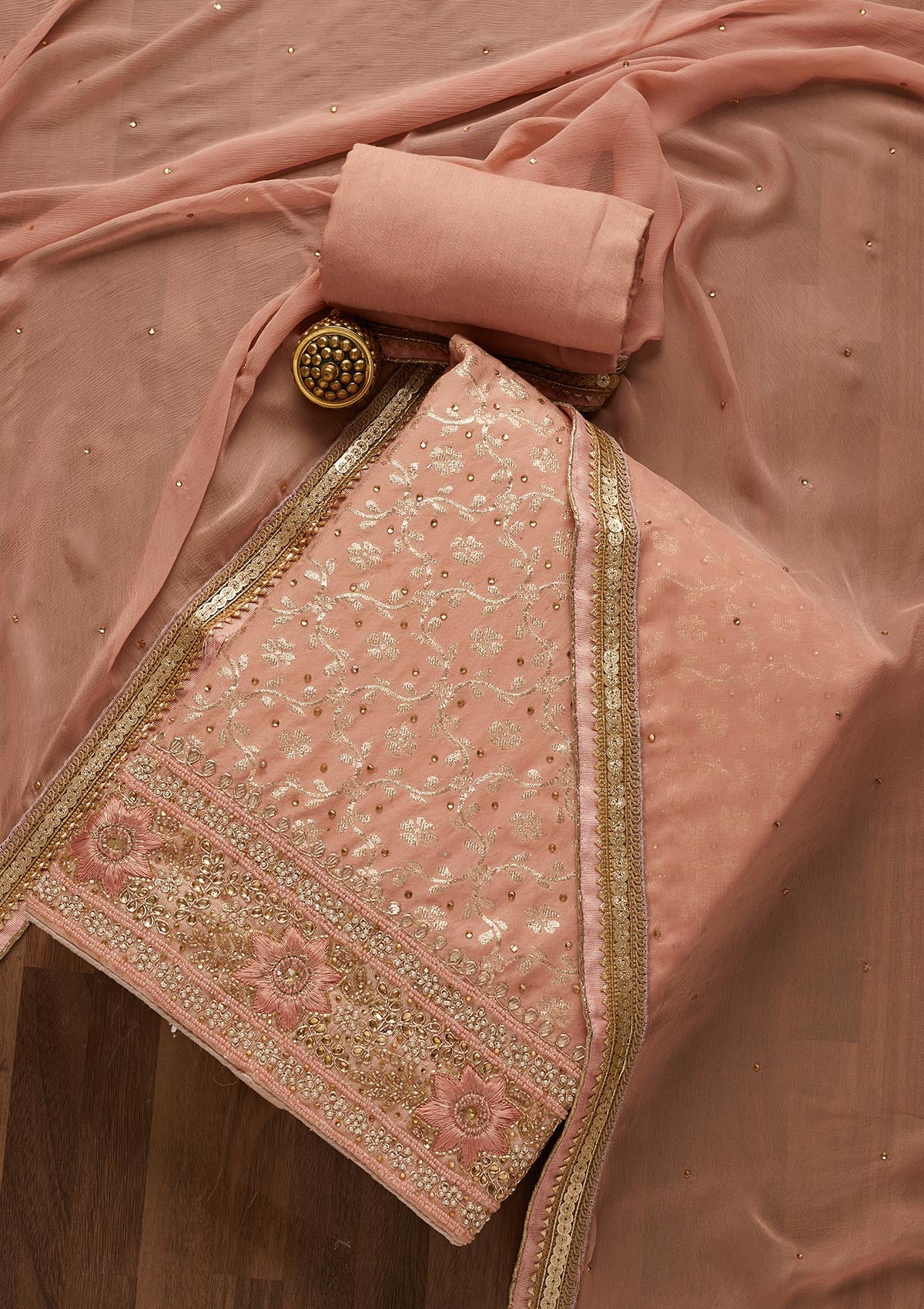 Peach Zariwork Raw Silk Unstitched Salwar Suit - Koskii
