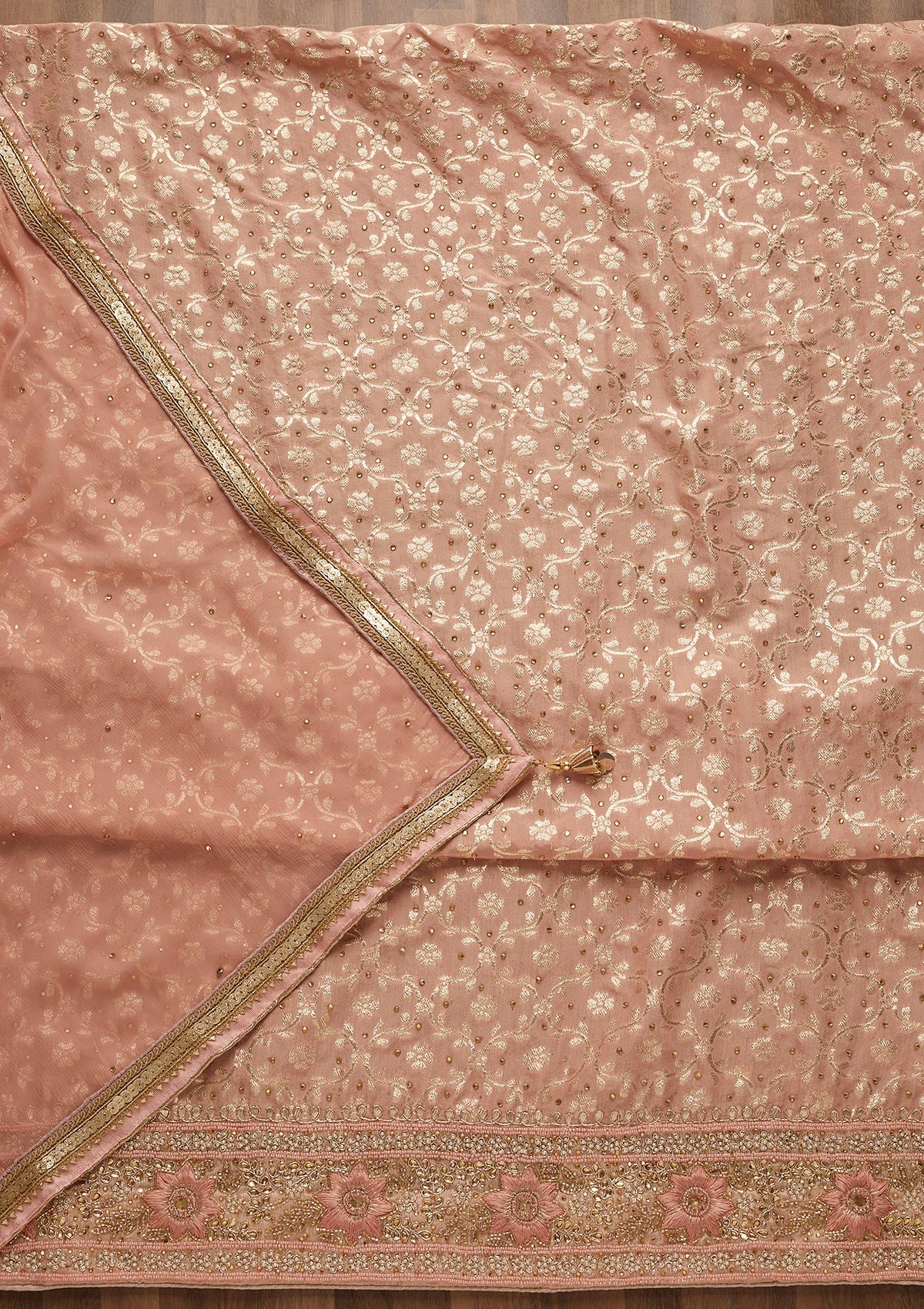 Peach Zariwork Raw Silk Unstitched Salwar Suit-Koskii