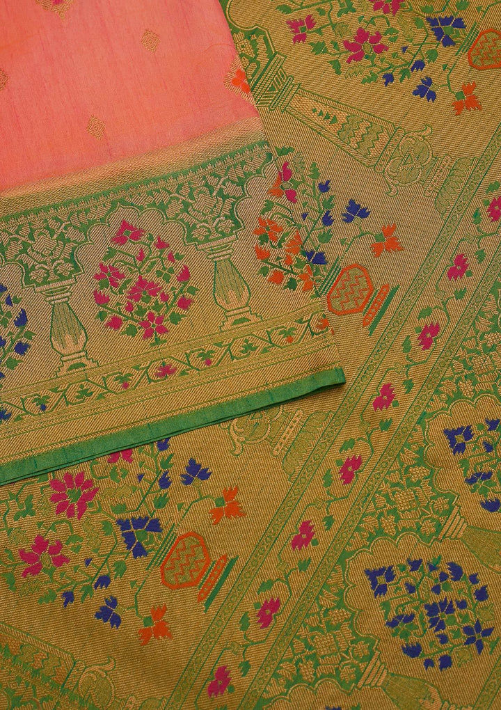 Peach Zariwork Raw Silk Designer Saree - koskii