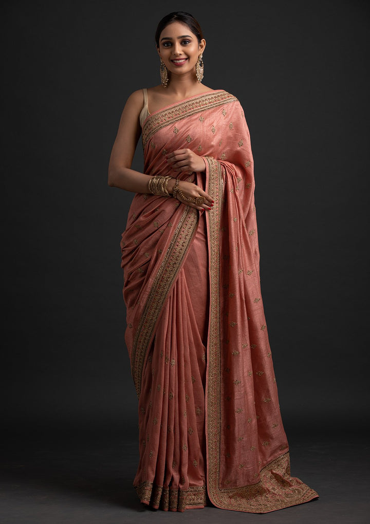Peach Zariwork Raw Silk Designer Saree - koskii