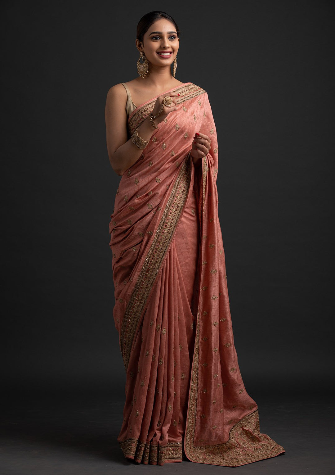 Peach Zariwork Raw Silk Designer Saree - koskii