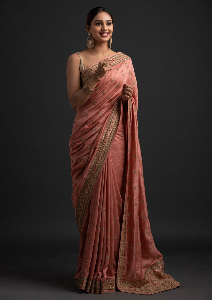 Peach Zariwork Raw Silk Designer Saree - koskii