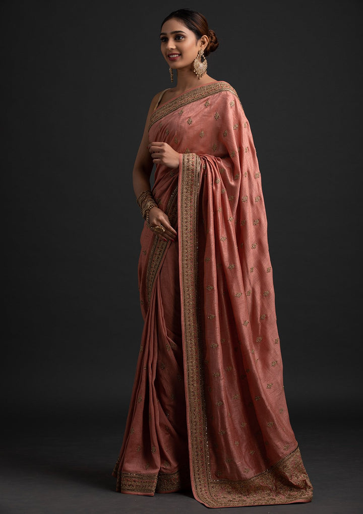 Peach Zariwork Raw Silk Designer Saree - koskii