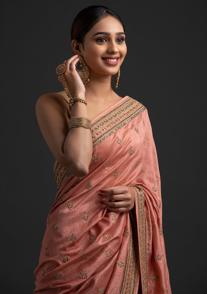 Peach Zariwork Raw Silk Designer Saree - koskii