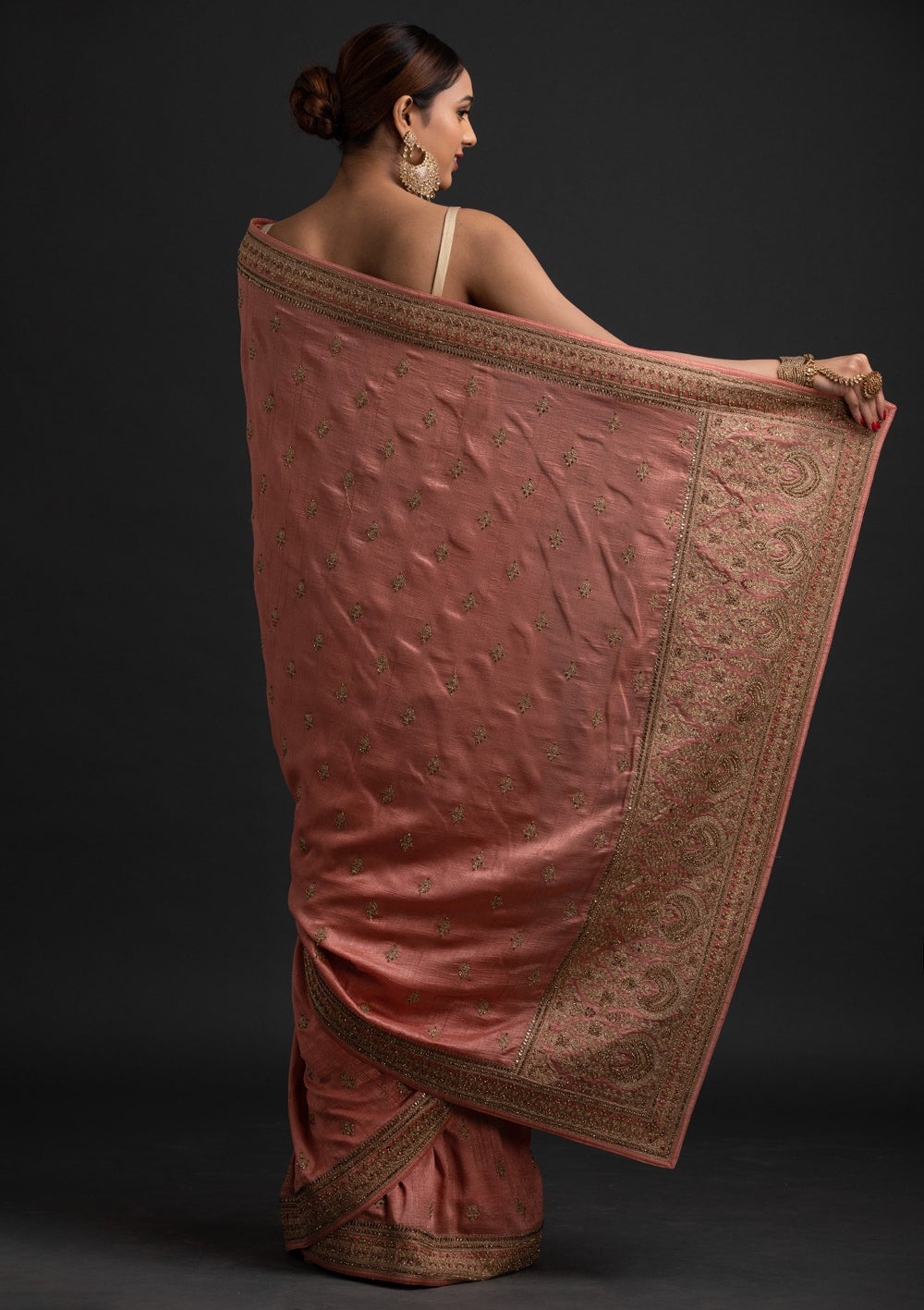 Peach Zariwork Raw Silk Designer Saree - koskii