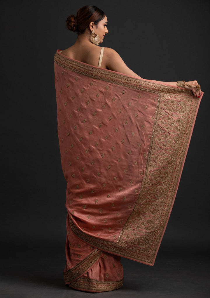 Peach Zariwork Raw Silk Designer Saree - koskii