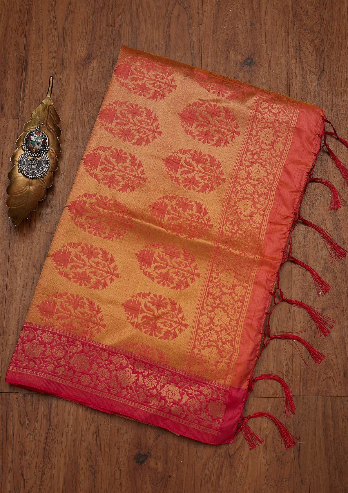 Peach Zariwork Raw Silk Designer Saree - koskii