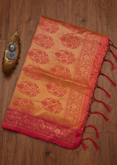 Peach Zariwork Raw Silk Designer Saree - koskii