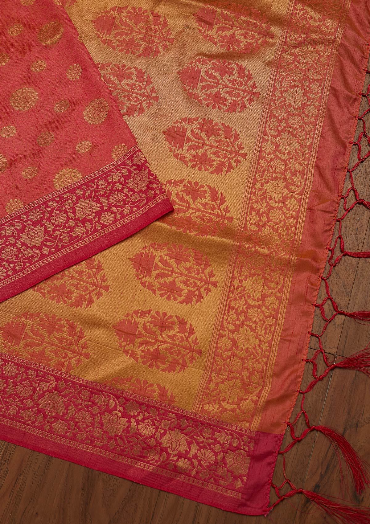 Peach Zariwork Raw Silk Designer Saree - koskii