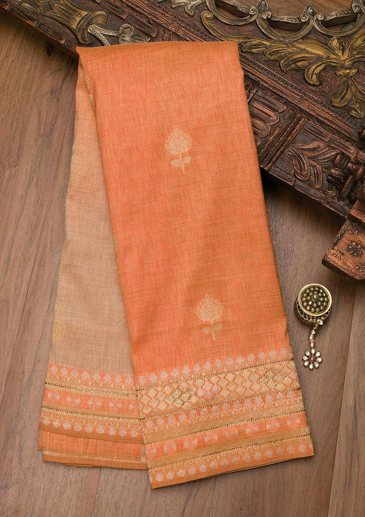 Peach Zariwork Raw Silk Saree-Koskii