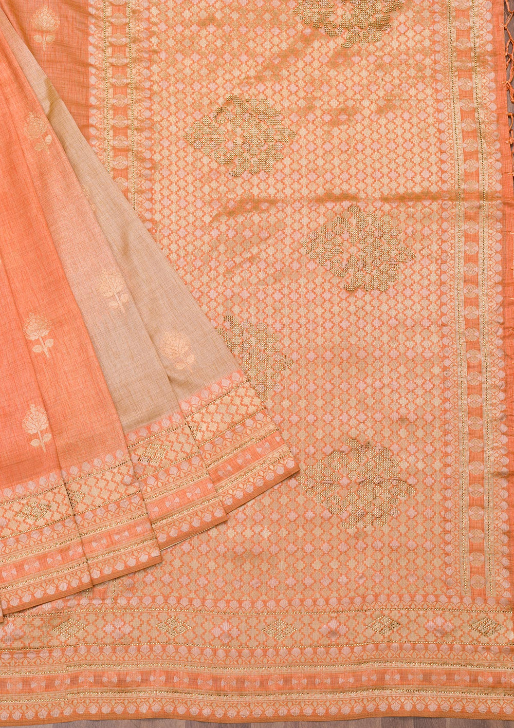 Peach Zariwork Raw Silk Saree-Koskii
