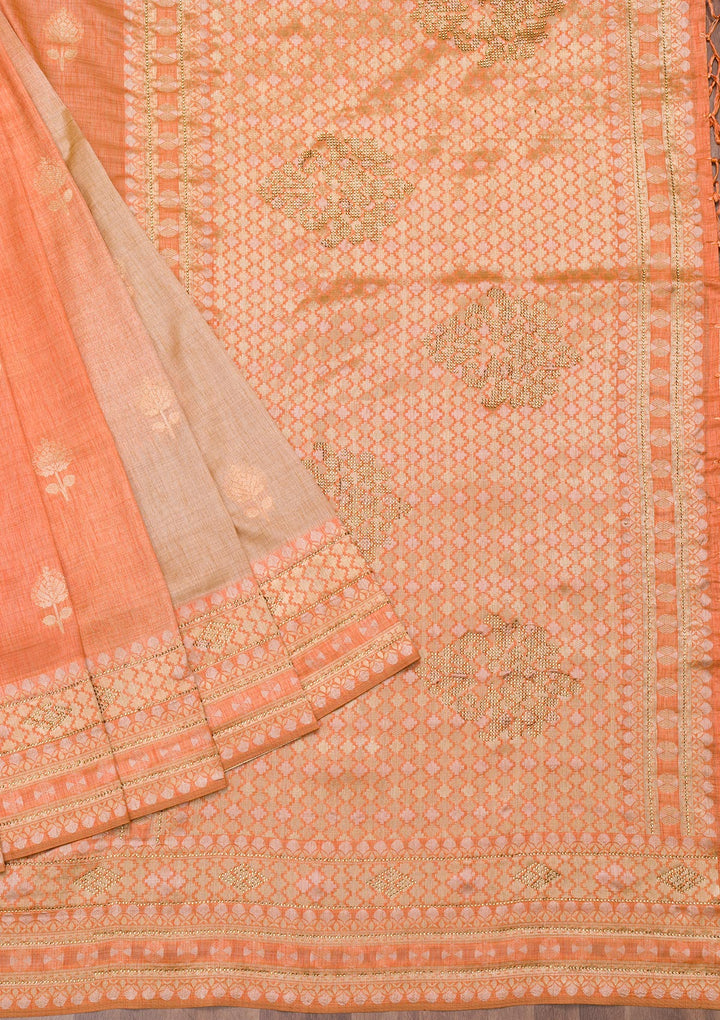 Peach Zariwork Raw Silk Saree-Koskii