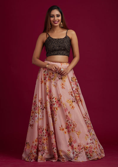 Peach Zariwork Semi Crepe Designer Lehenga - koskii