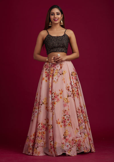 Peach Zariwork Semi Crepe Designer Lehenga - koskii