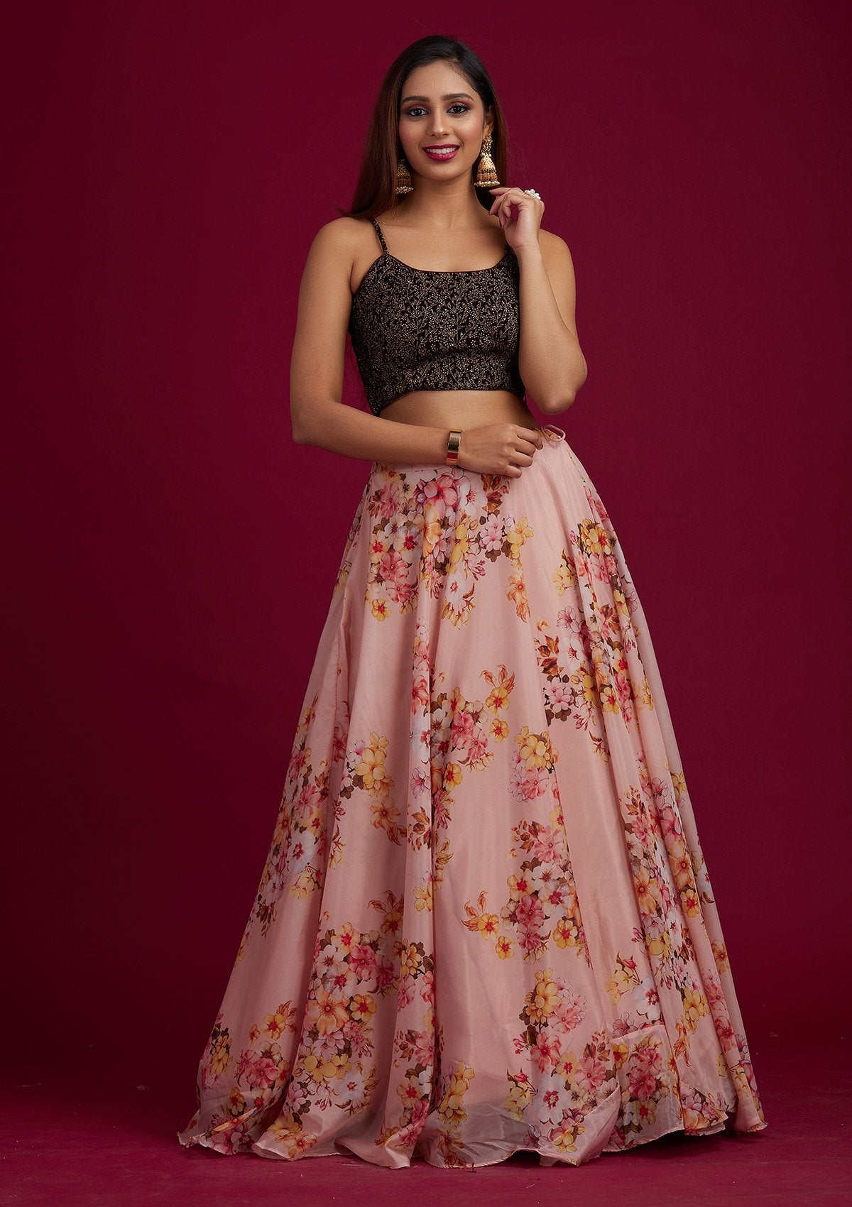 Peach Zariwork Semi Crepe Designer Lehenga - koskii