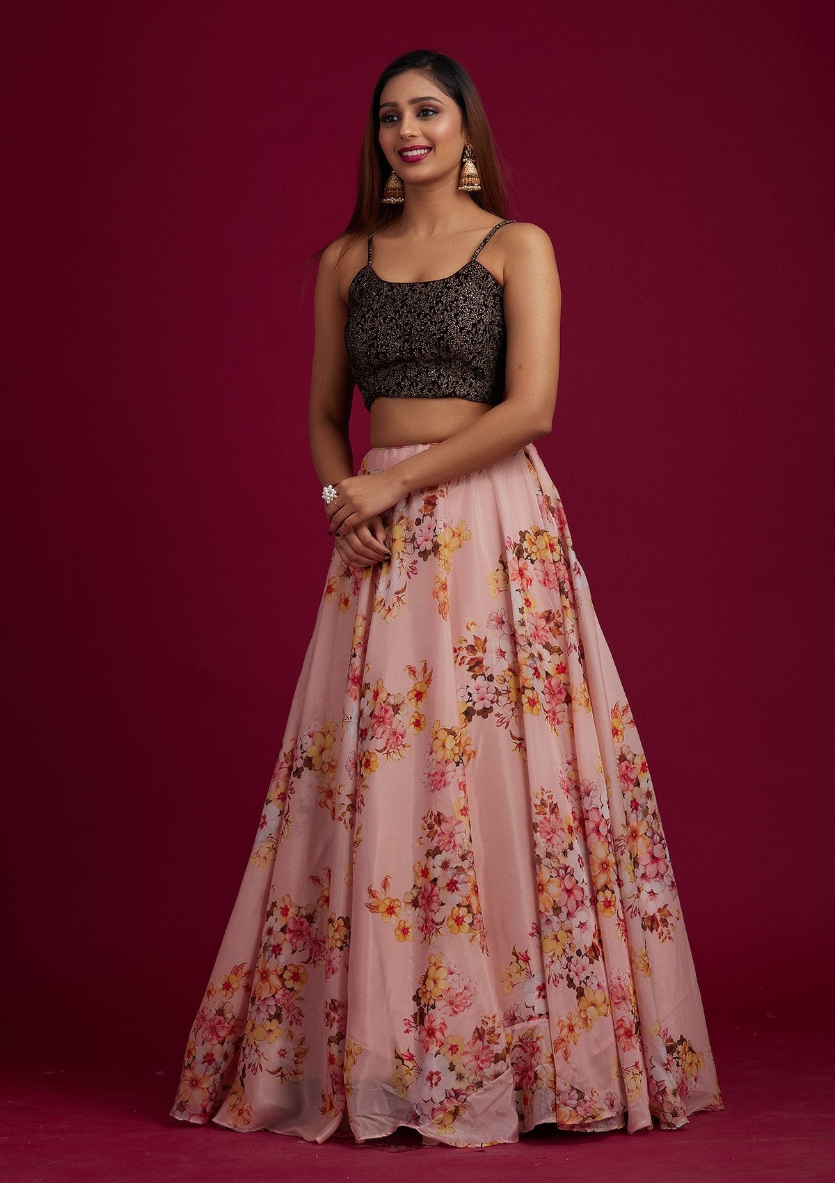 Peach Zariwork Semi Crepe Designer Lehenga - koskii