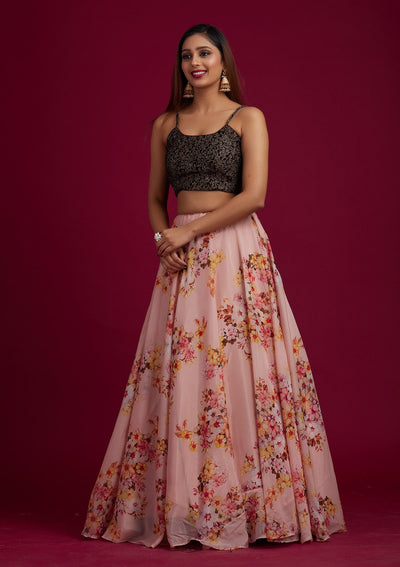 Peach Zariwork Semi Crepe Designer Lehenga - koskii