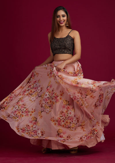 Peach Zariwork Semi Crepe Designer Lehenga - koskii