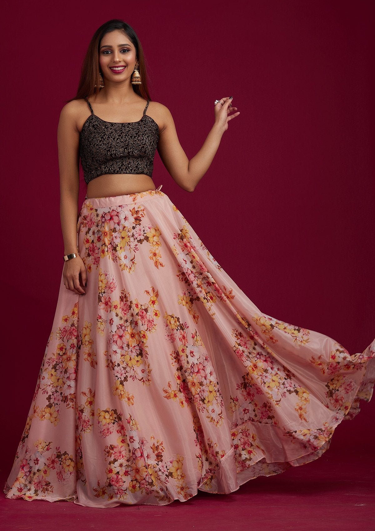 Peach Zariwork Semi Crepe Designer Lehenga - koskii