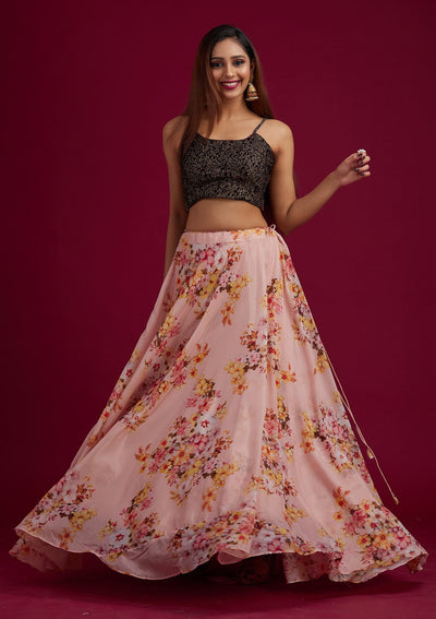 Peach Zariwork Semi Crepe Designer Lehenga - koskii