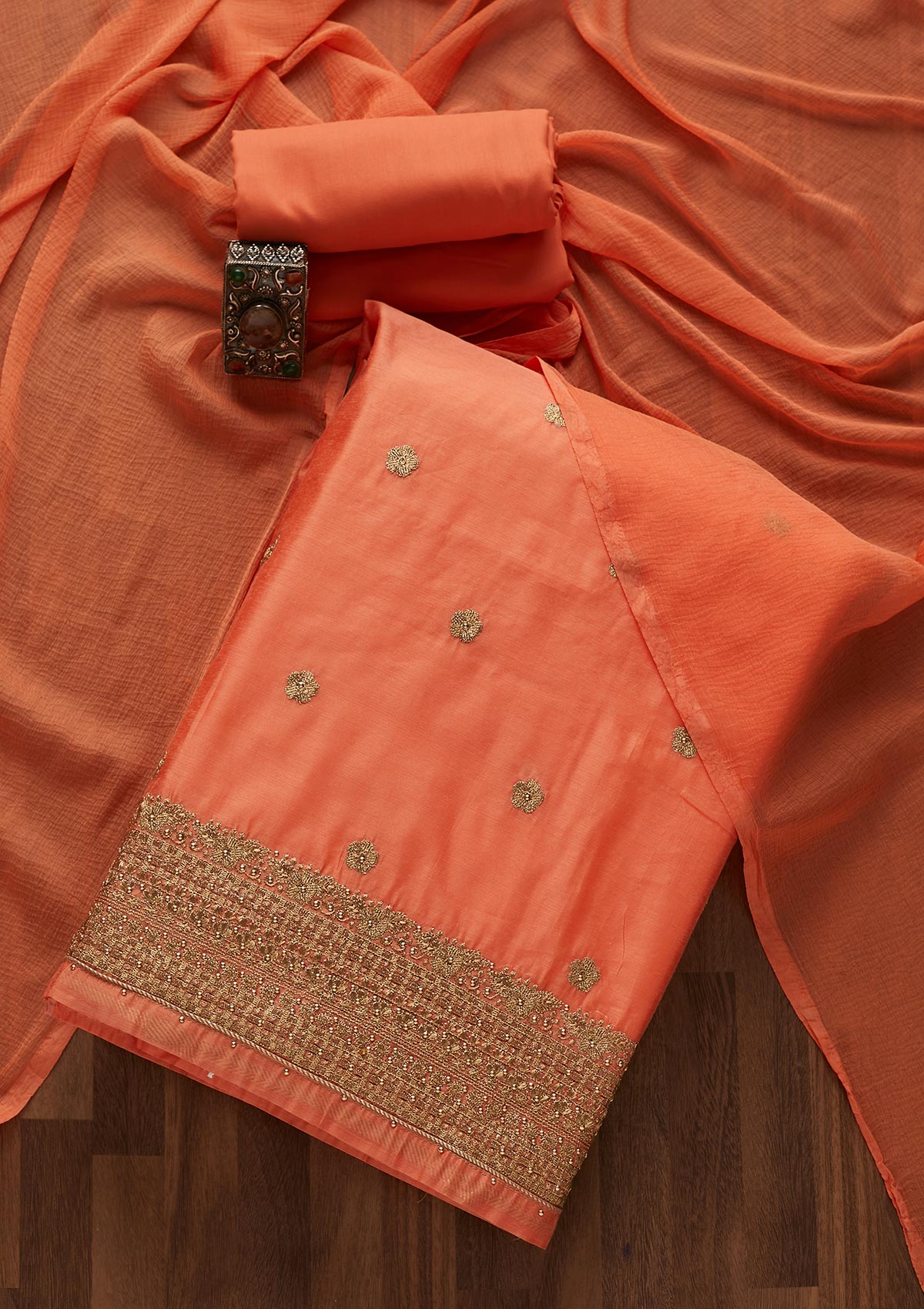 Peach Zariwork Semi Crepe Designer Unstitched Salwar Suit - Koskii