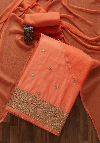 Peach Zariwork Semi Crepe Designer Unstitched Salwar Suit - Koskii