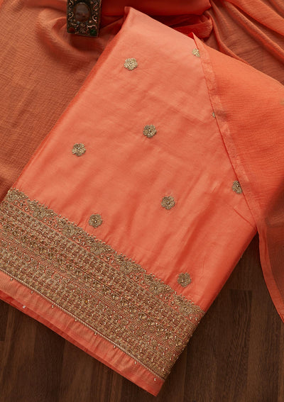Peach Zariwork Semi Crepe Designer Unstitched Salwar Suit - Koskii
