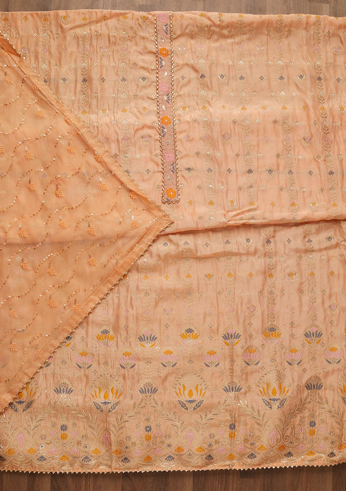 Peach Zariwork Semi Crepe Unstitched Salwar Suit-Koskii
