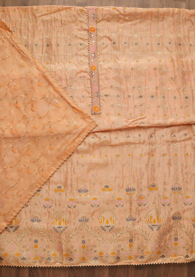 Peach Zariwork Semi Crepe Unstitched Salwar Suit-Koskii
