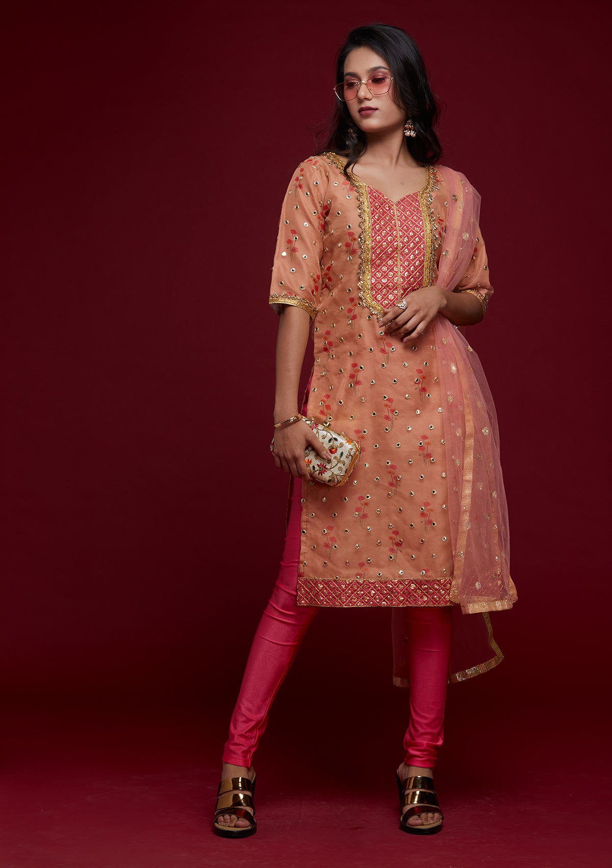 Peach Zariwork Shimmer Designer Salwar Suit - Koskii