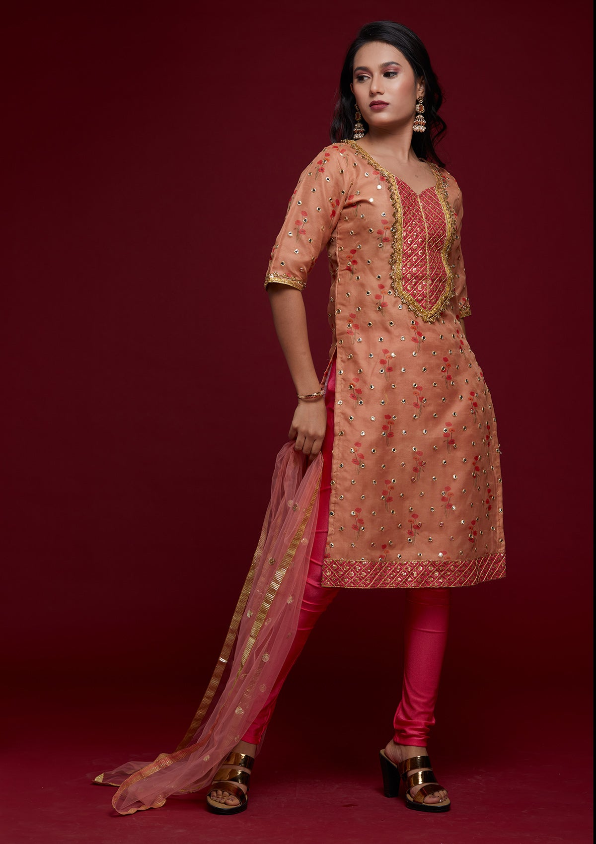 Peach Zariwork Shimmer Designer Salwar Suit - Koskii