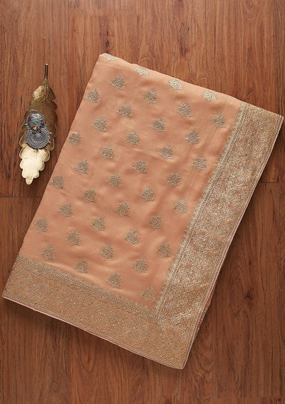 Peach Zariwork Shimmer Designer Saree - koskii