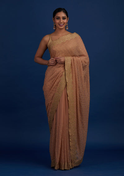 Peach Zariwork Shimmer Designer Saree - Koskii