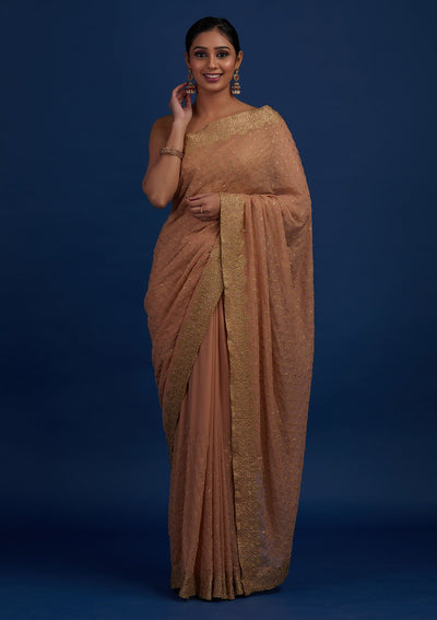 Peach Zariwork Shimmer Designer Saree - Koskii