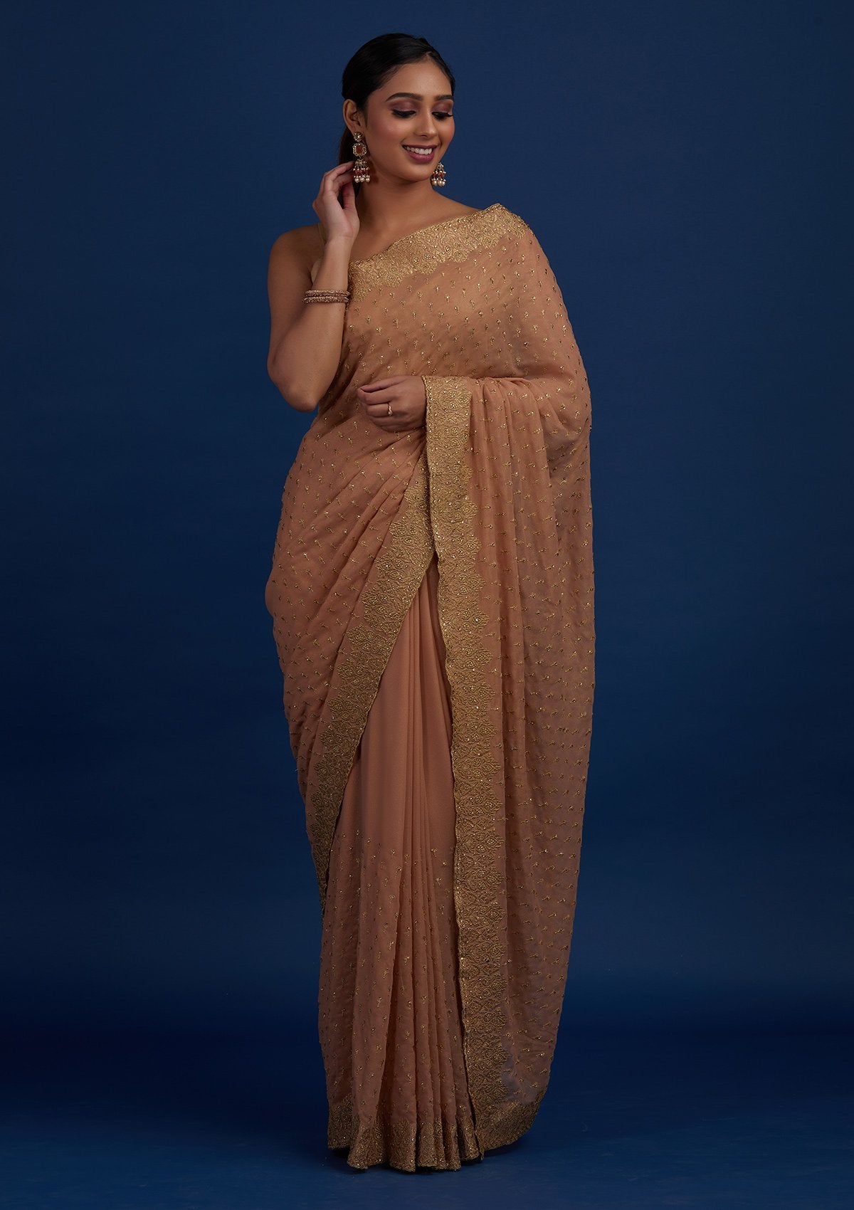 Peach Zariwork Shimmer Designer Saree - Koskii