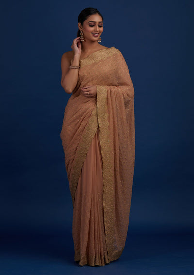 Peach Zariwork Shimmer Designer Saree - Koskii