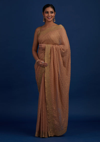 Peach Zariwork Shimmer Designer Saree - Koskii